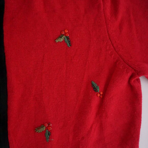 Vintage Tiara Intl Red Black Holly Cardinal Mistletoe Zip Up Christmas Sweater L - Picture 9 of 10
